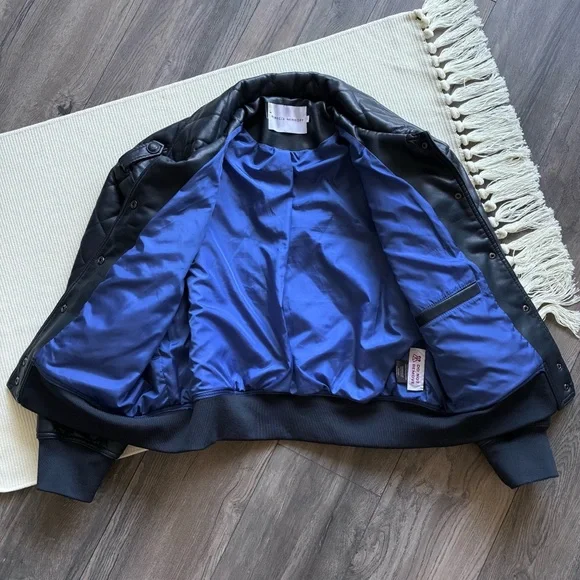 Rebecca Minkoff Diamond Quilted Faux Leather Navy Blue Bomber Jacket - Picture 5 of 12